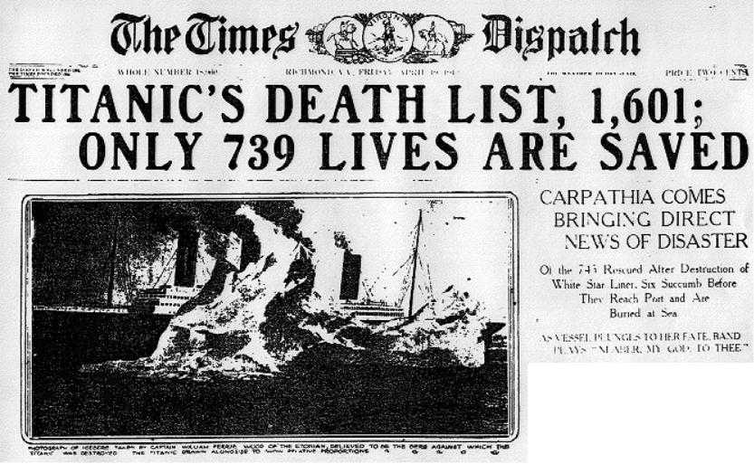 Historic headline in The Times: "Titanic's Death List, 1,601: Only 739 Lives Are Saved"